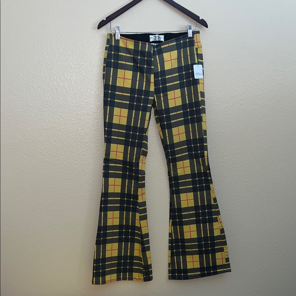 We The Free Yellow and Black Plaid Flare Jeans